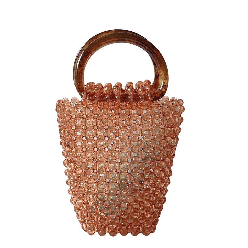 

Handmade beaded coffee amber bag transparent beaded handbag retro niche bucket bag