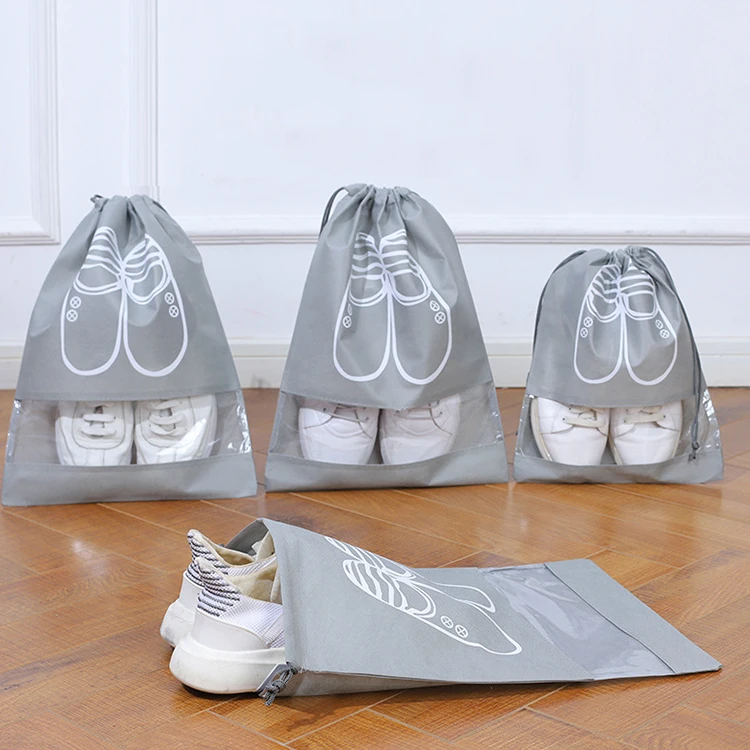 

wholesale polyester cheap carry travel shoe bag polyester fabric drawstring shoe bags dust carrier bag, Grey