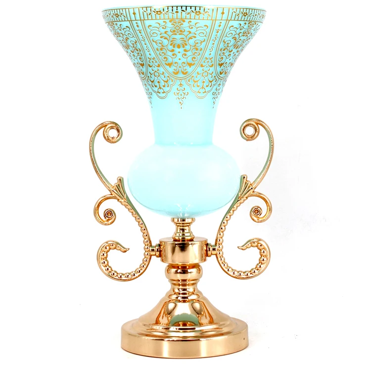 

Factory Wholesale Modern Round Gold And Blue Glass Flower Vase For Ornaments Home Decoration, Golden&blue