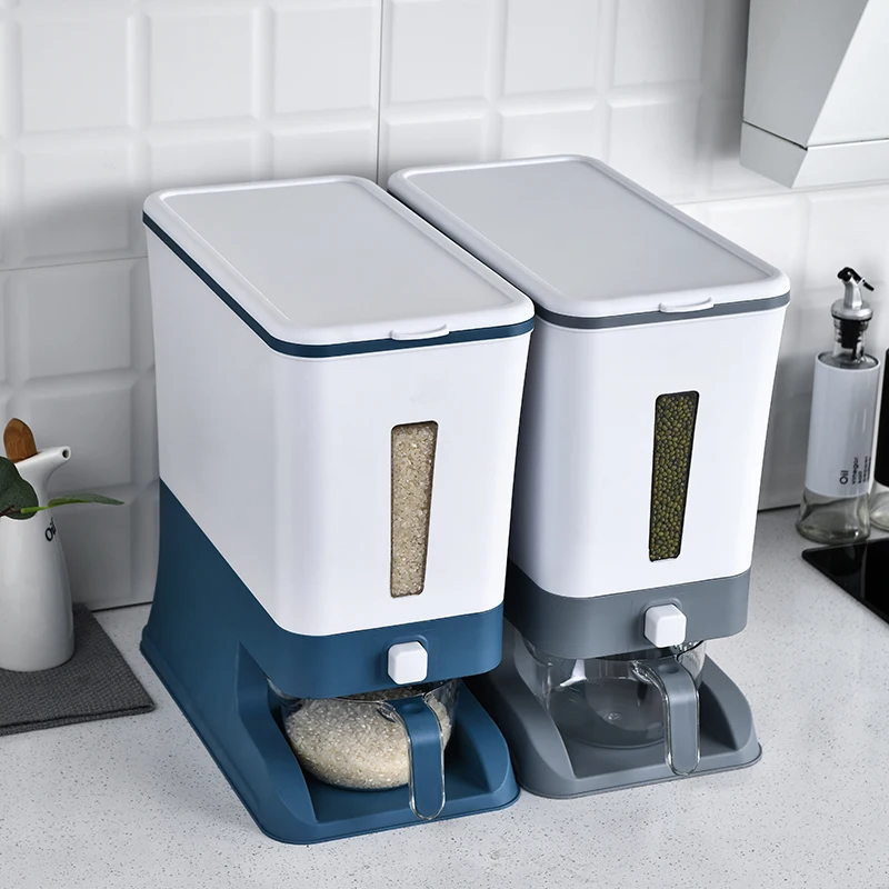 

Grains Rice Bucket Rice Storage Tank Rotary Rice Storage Dry Food Dispenser Food Storage Box Cereal Dispenser, Gray/blue