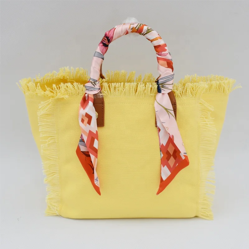 

HIGH QUALITY PU LEATHER HANDLE SUMMER FRINGE CANVAS TOTE BAG BEACH BAG FOR GIRLS