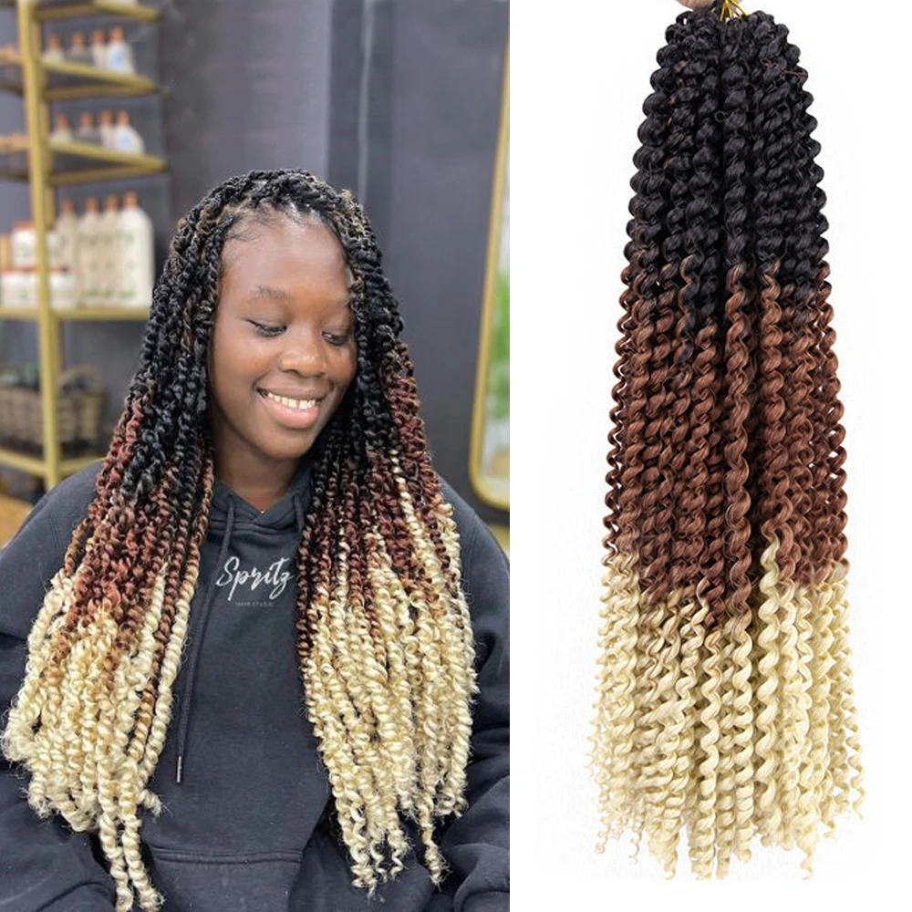 Black Brown Blonde Three Tone Water Wave Synthetic Crochet Braiding Hair Extension Passion Twist Long Bohemian Locs