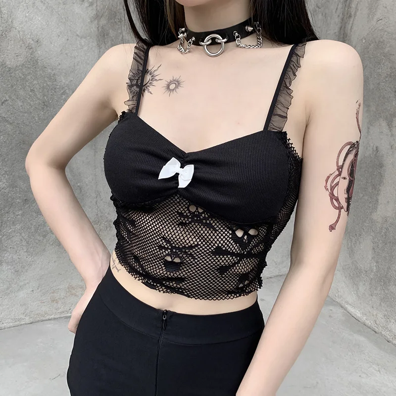 

Black Bodycon Harajuku Gothic Y2K Goth Style Spaghetti Strap Tank Woman Summer Casual Party Skull Pattern Mesh Crop Top #0983