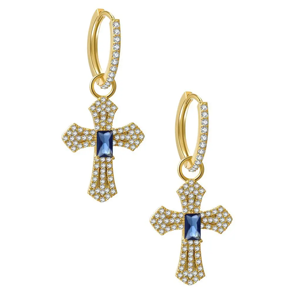 

Vintage Style Real Gold Plated Full Diamond Cross Huggie Earring Sapphire CZ Zircon Cross Drop Earrings