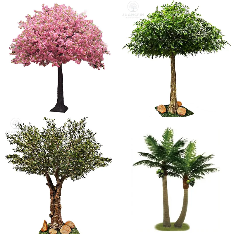 

Professional Custom Fake Decor Big Tree Plastic Fibreglass Cherry Blossom Banyan Ficus Coconut Palm Olive Large Artificial Tree