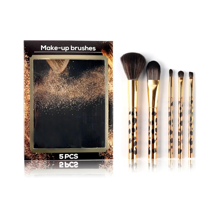 

Popular high-quality metal effect 5pcs leopard print makeup brush set, Gold