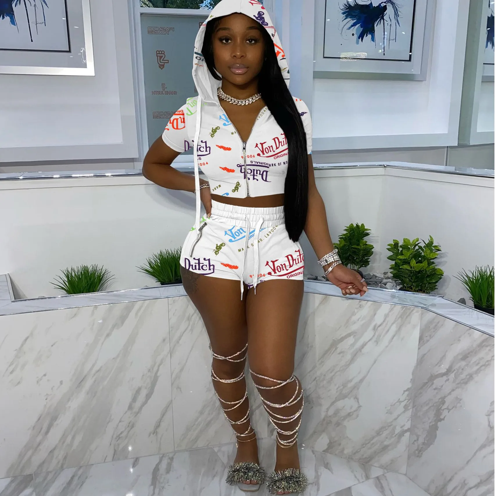 

Summer Casual High Elastic Doodle Zipper Hoodie 2 Two Pieces Crop Top and Short Sets for Women Clothing Loungewear
