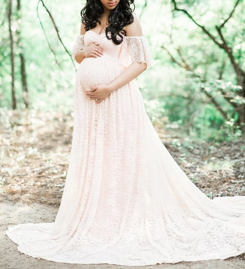 

Women's Off Shoulder Ruffle Sleeve Lace Maternity Gown Plus Maxi Photography Dress Pregnant Women Long Dress, As picture