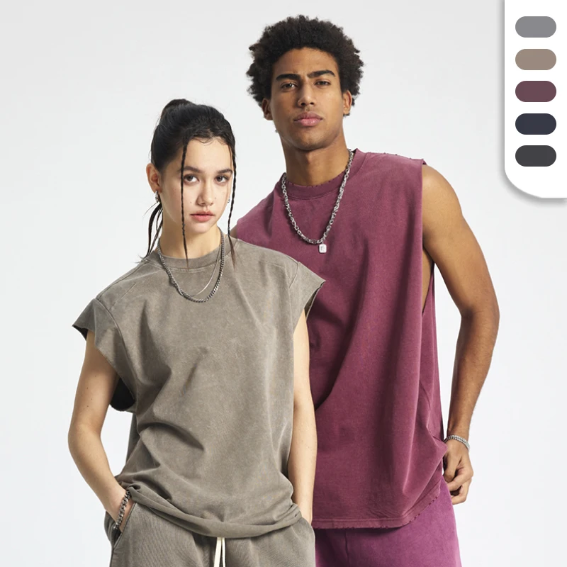 New Arrivals 275 GSM Cotton Fabric Boxy Sleeveless T Shirt Retro Washed Raw Edge Blank Vintage T-shirts Sleeveless Tank Top