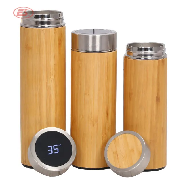 

Led touch Temperature Bamboo Bottle Double Walled Bamboo Insulated smart thermos water bottle vacuum flask