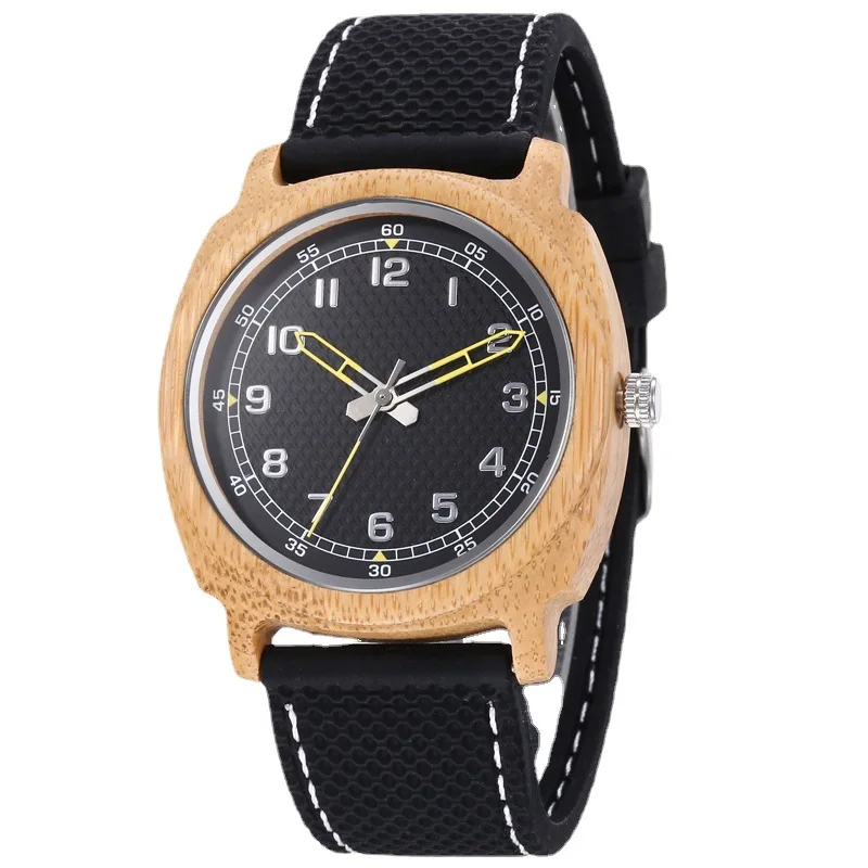 

Wholesale Personalisable Custom Quartz Bamboo Wooden Wrist Watch Silicone Band Wood Men Watch, Multiple color options