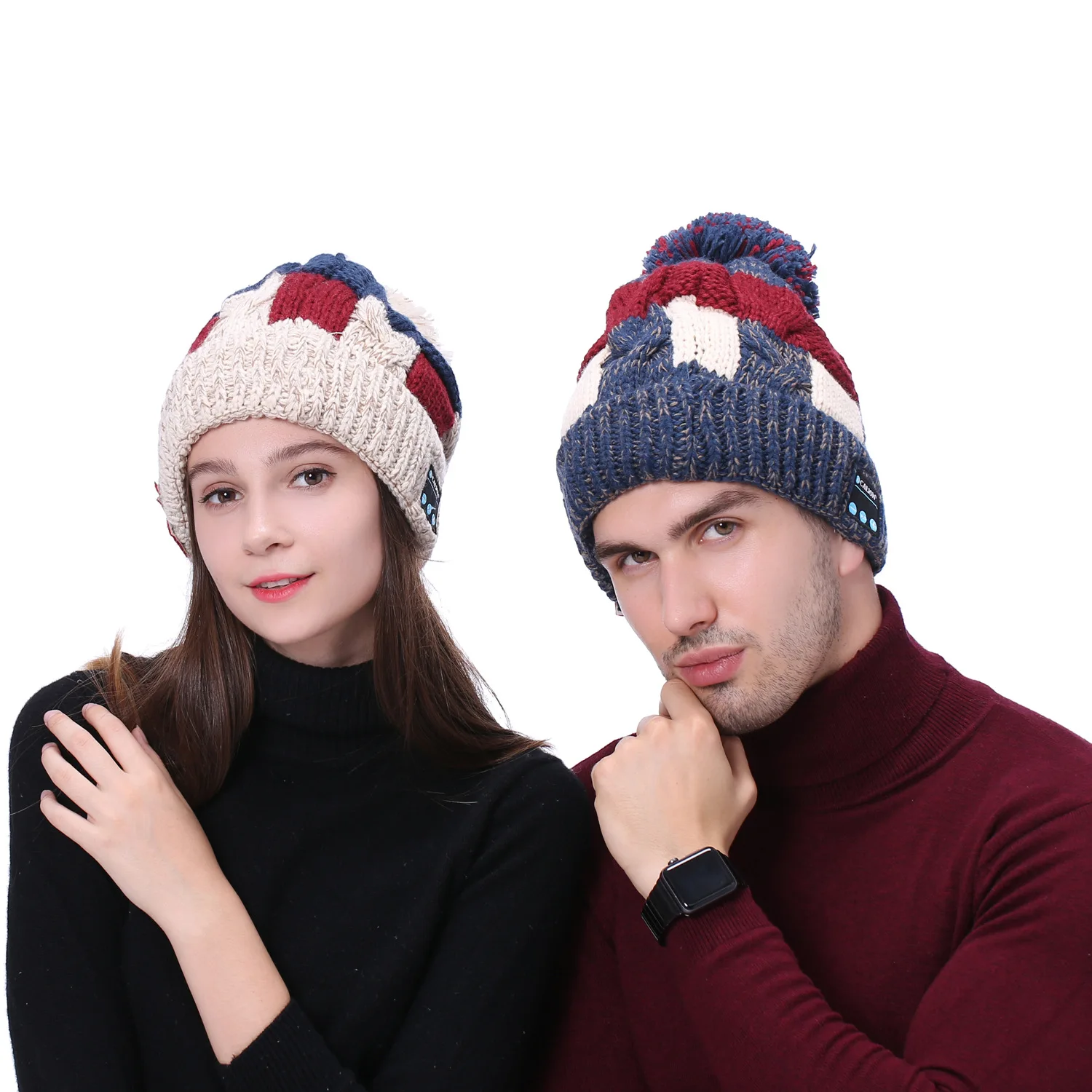 

2021 Hot Fashion 100% Acrylic Music Knitted Beanie Hat Wireless Knit Beanie Jacquard Custom Bluetooth Winter Hats with Pom Fur