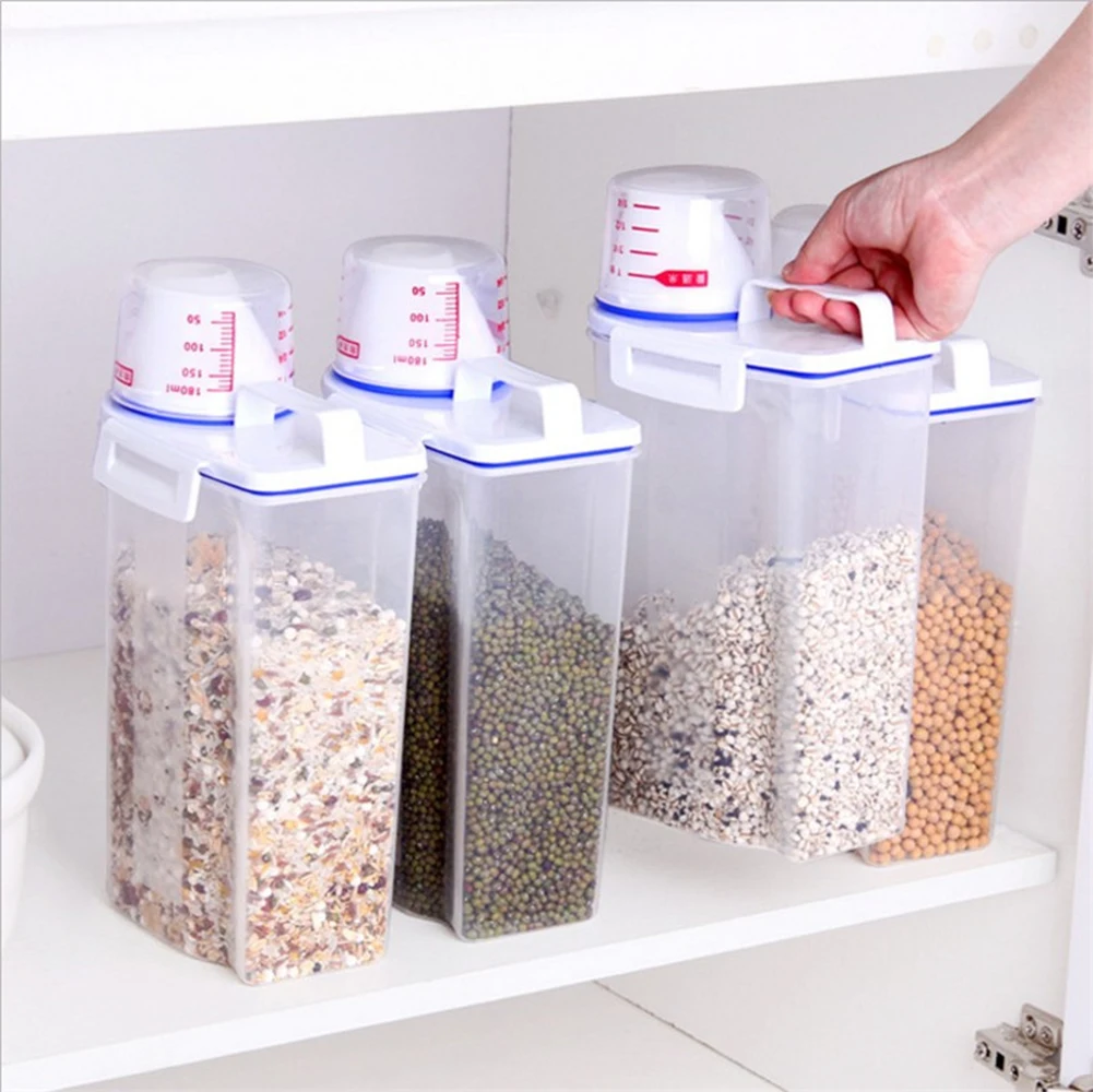 

MJ Airtight Moisture-proof Insect-proof Sealed Cereal Food Grain Storage Containers Rice Dispenser Jar With Measuring Cup, White