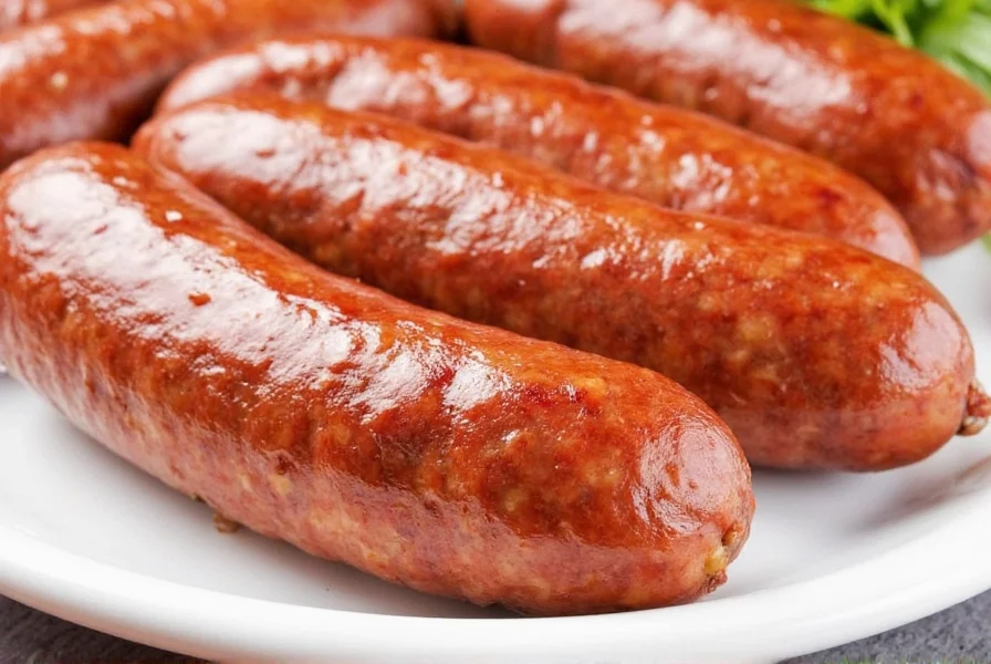 Cheerful chef holding seasoning sausage like a trophy