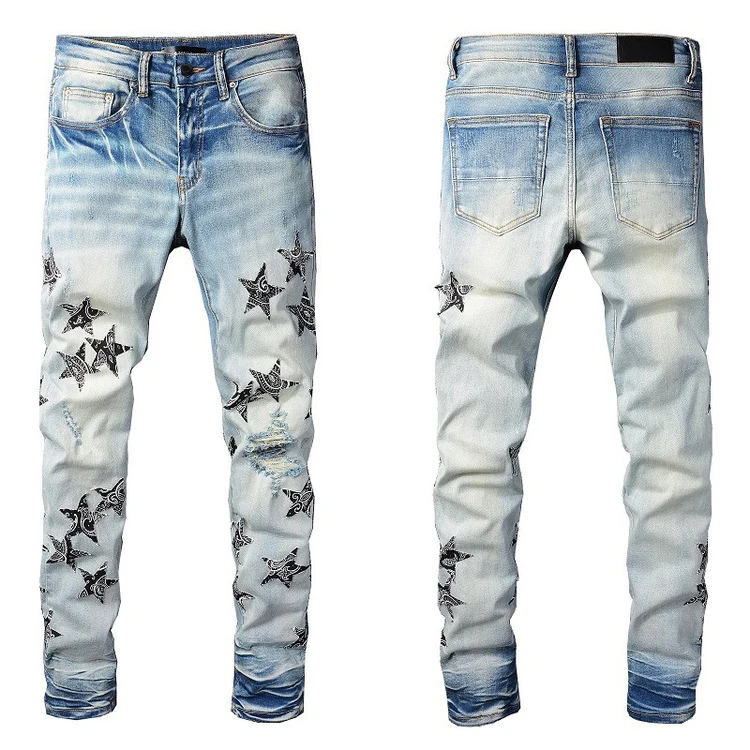 

2021 Custom Mens Jeans Fashion Star Patch Baggy Jeans Pants Embroidery Stacked Jeans Men