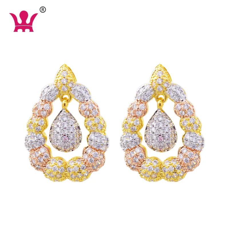 

Er0131 The new listing CZ 3 Tones Gold Plated teardrop Design Fashion Jewelry women dangle stone earrings, Picture