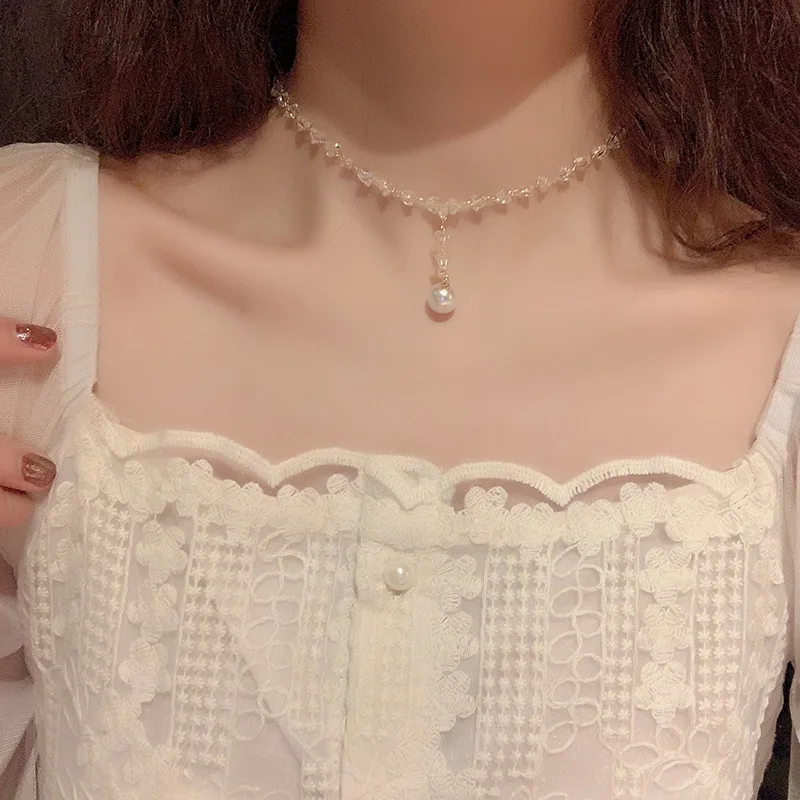 

JuHu Simple Temperament Wild Design Sense Crystal Pearl Necklace Female Necklace Necklace, C19