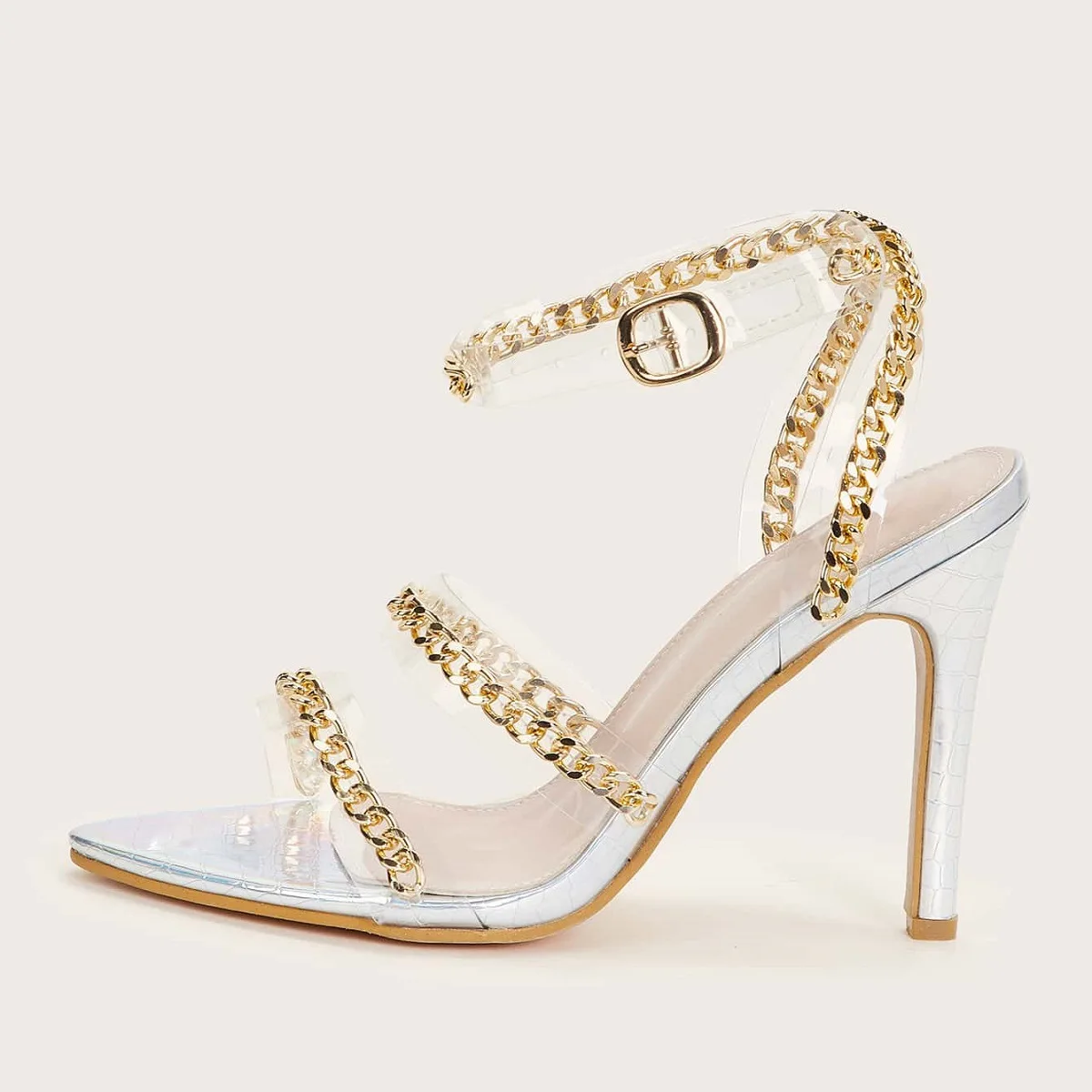 

JANHE sandalias mujer sandale femme sexy ladies wedding high heels chain straps sandales Luxury Stiletto clear women's pumps, Silver