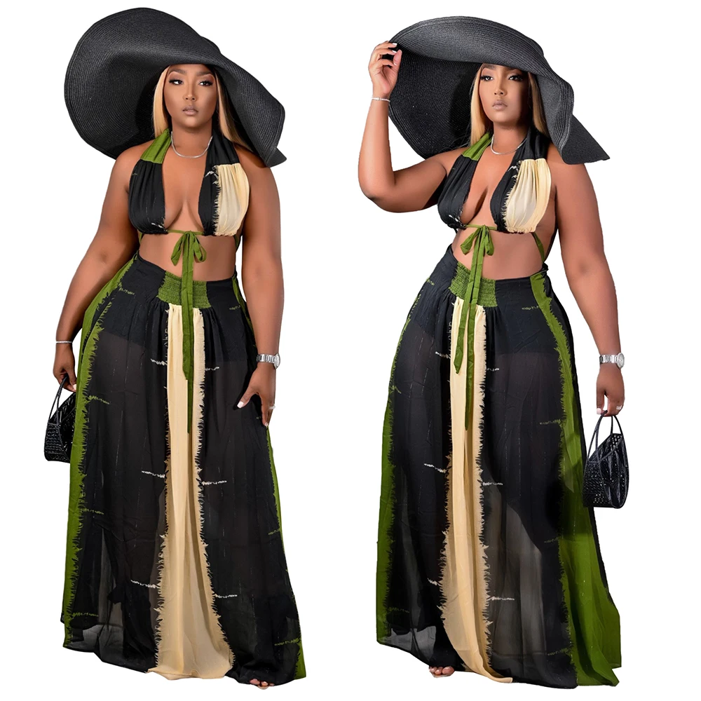 

2021 new arrivals summer hollow hanging neck tube top color matching 2 two piece shorts pants set women clothes outfits clothing
