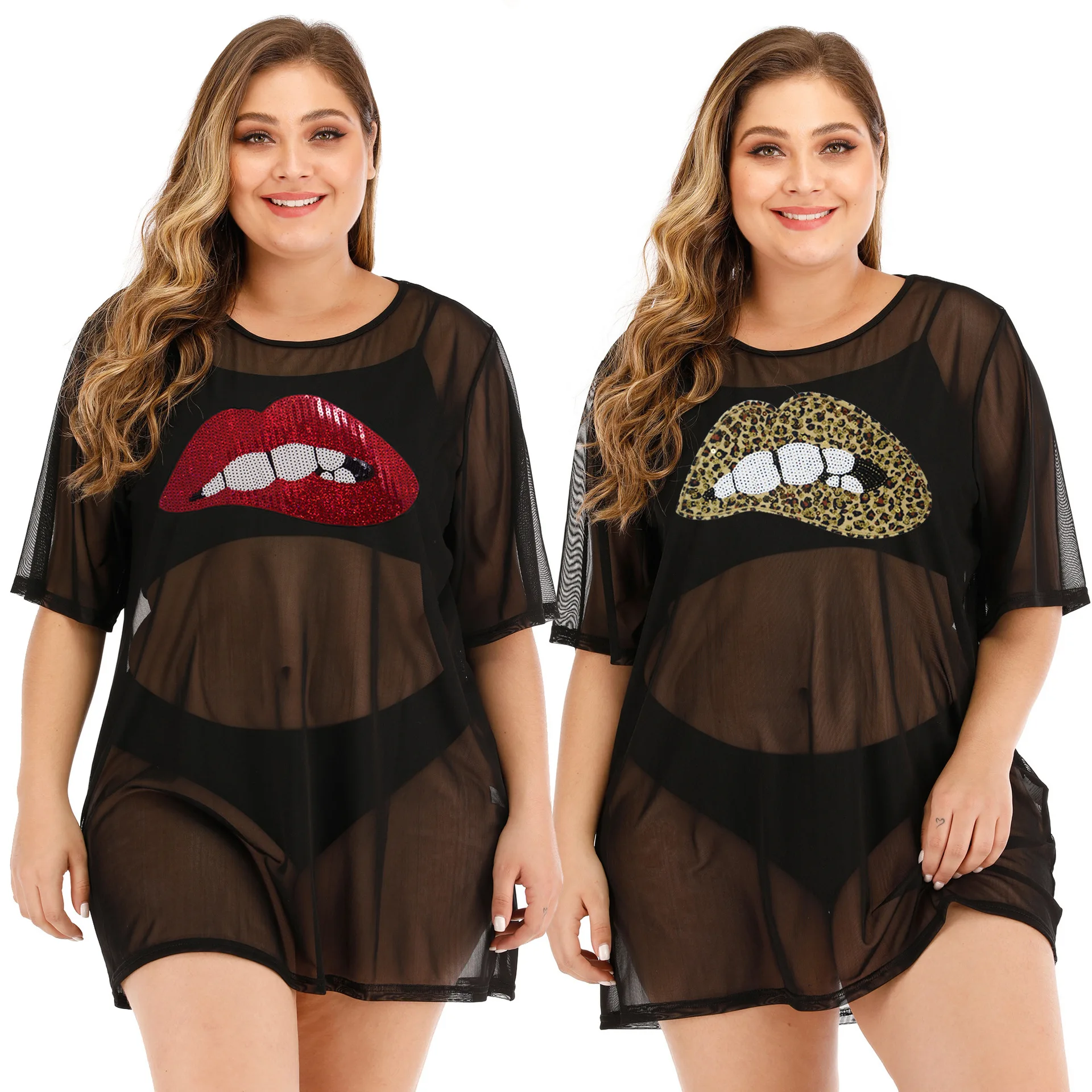 

Large Size Women's Sequined Lips Applique Sexy See-through Mesh Thin Simple T-shirt Blouse, As pic