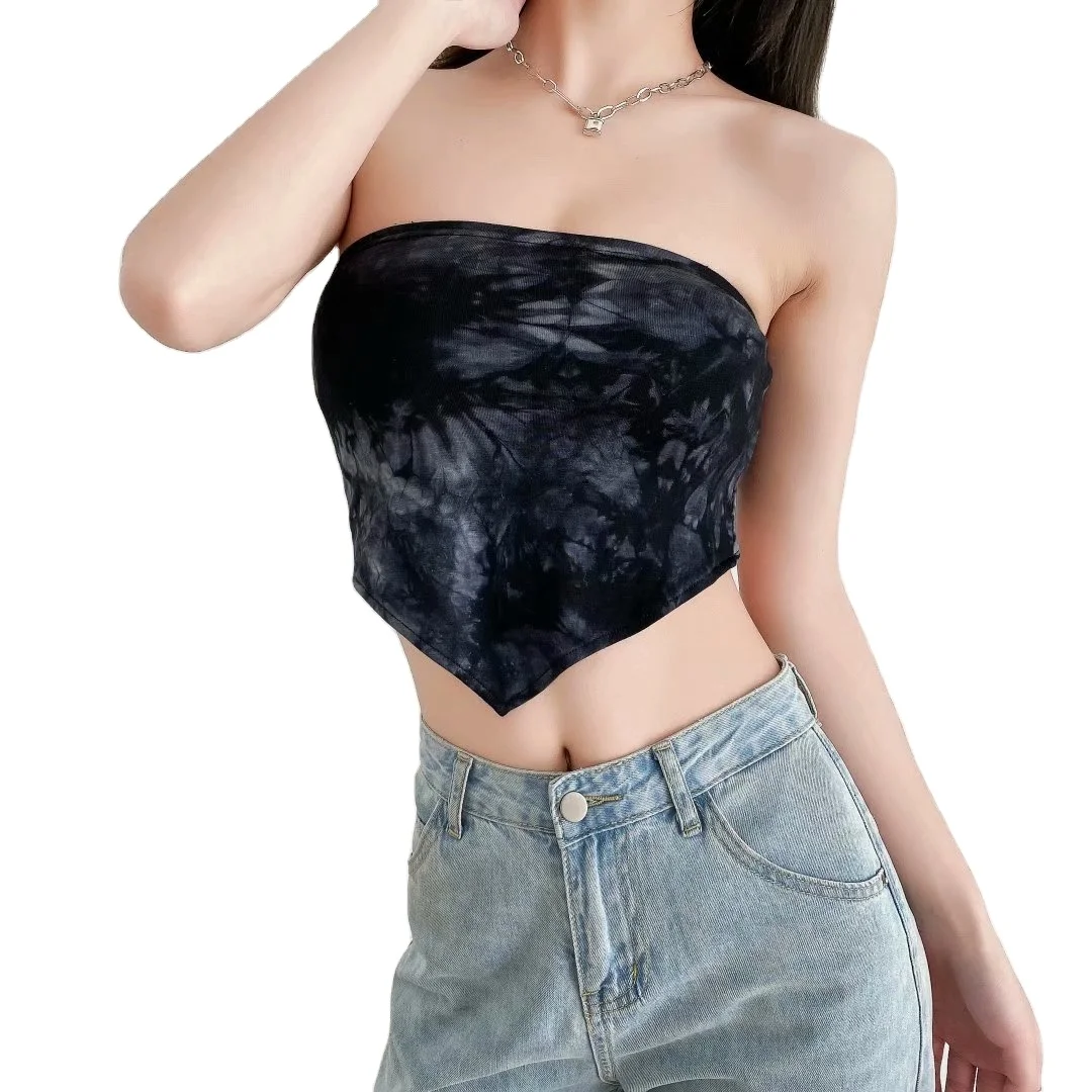 

Low MOQ Strapless Short Black Tie Dye Tube Top Women