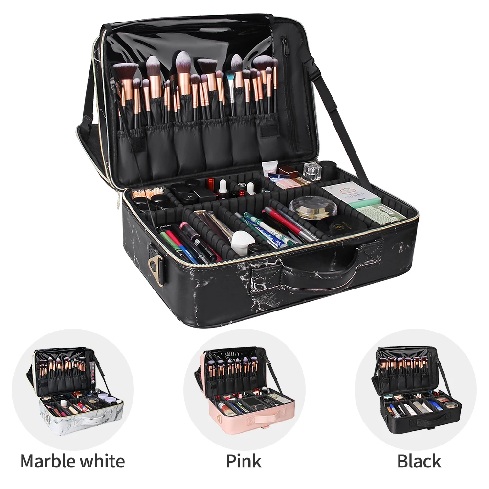 

Dropshipping Relavel 2021 New Professional 3 Layers Large Portable Waterproof Train Makeup Display Case, Marble black