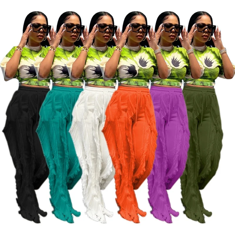 

OUDINA Hot Selling Fashion 5XL Plus Size Pants & Trousers Wide Leg Pant Mopping Drawstring Casual Fringe Tassel Pants, White/khaki/yellow/red/grey/green/black/blue/purple/orange/mint