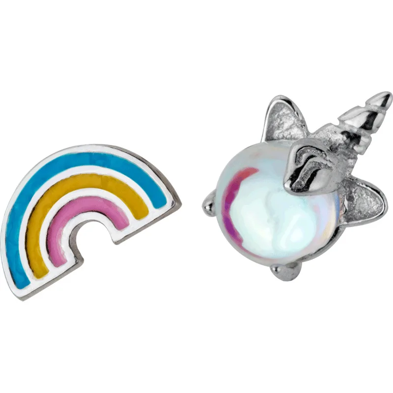 

2020 jewellery 925 sterling silver cute unicorn rainbow asymmetric stud earrings women girl daily wear