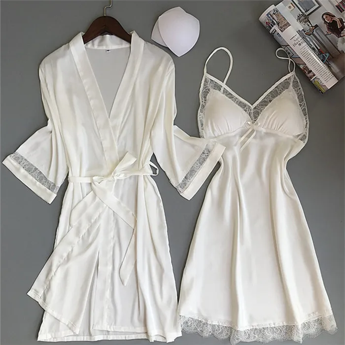 

Two Piece Sexy Silk Pajamas High Quality Lace Night Dress Satin Nighty for Honeymoon, Pink,black,white,red,champagne