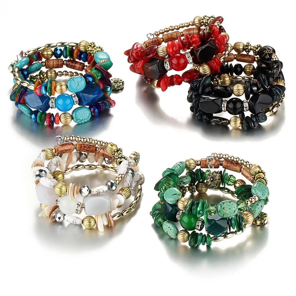 

2021 Fashion Designs Wholesale Bohemian Turquoise Custom Multi Layers Boho Stones Beaded Bracelets for women jewelry