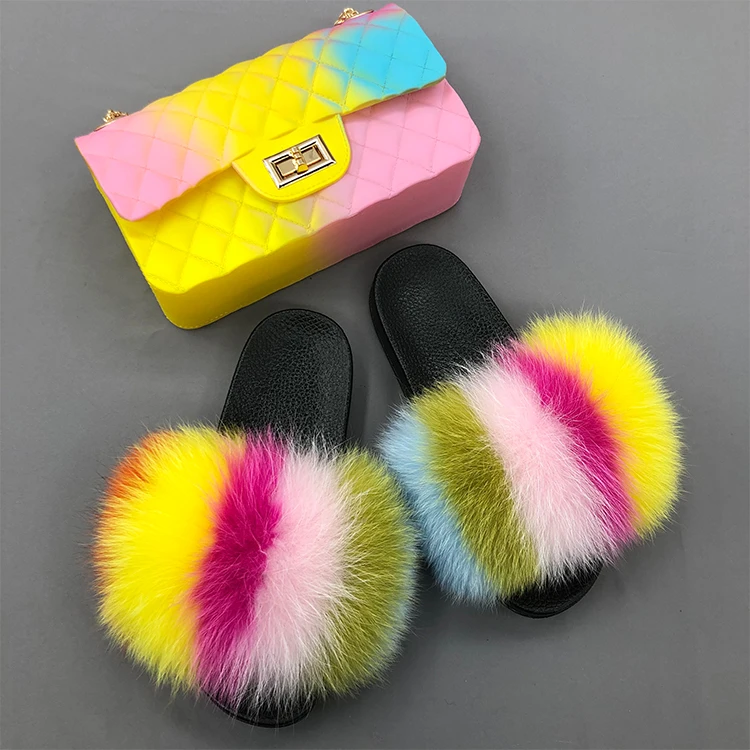 

New designer mixed color big real fox furry fur slides and pures set women jelly purse bags and fur slides sets, Customized color