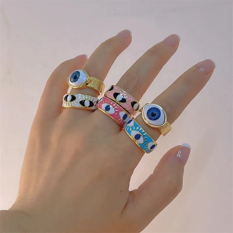 

Fashion jewelry wholesale hip hop gold plated adjustable open rings for women Boho colorful eye drip oil enamel finger ring