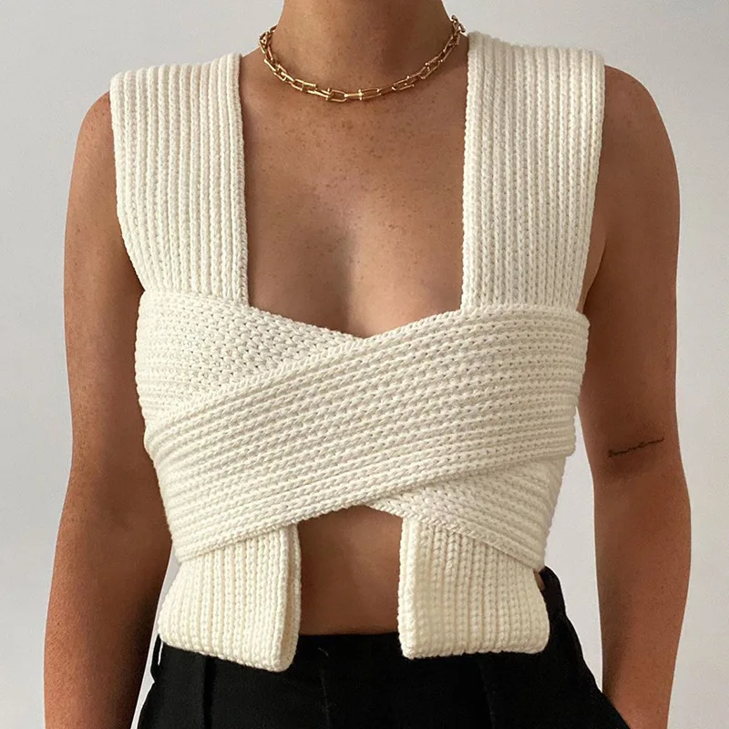 

women 2021 new arrivals high fashion sexy knitted sweater backless bandage crop vest top