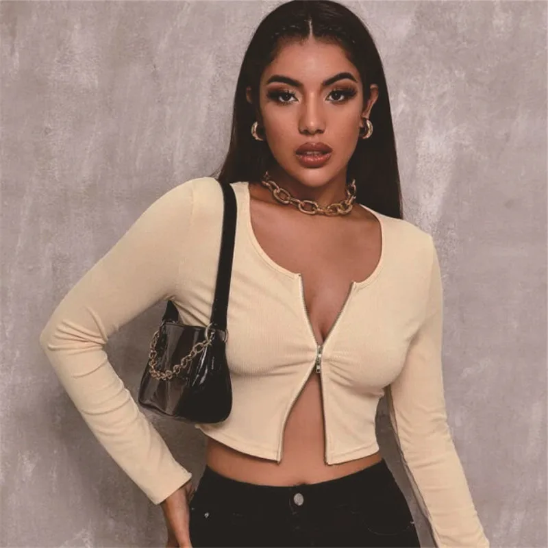 

LB1101 Custom Logo Women Sexy Zip Up Bodycon Long Sleeve Crop Top Shirt