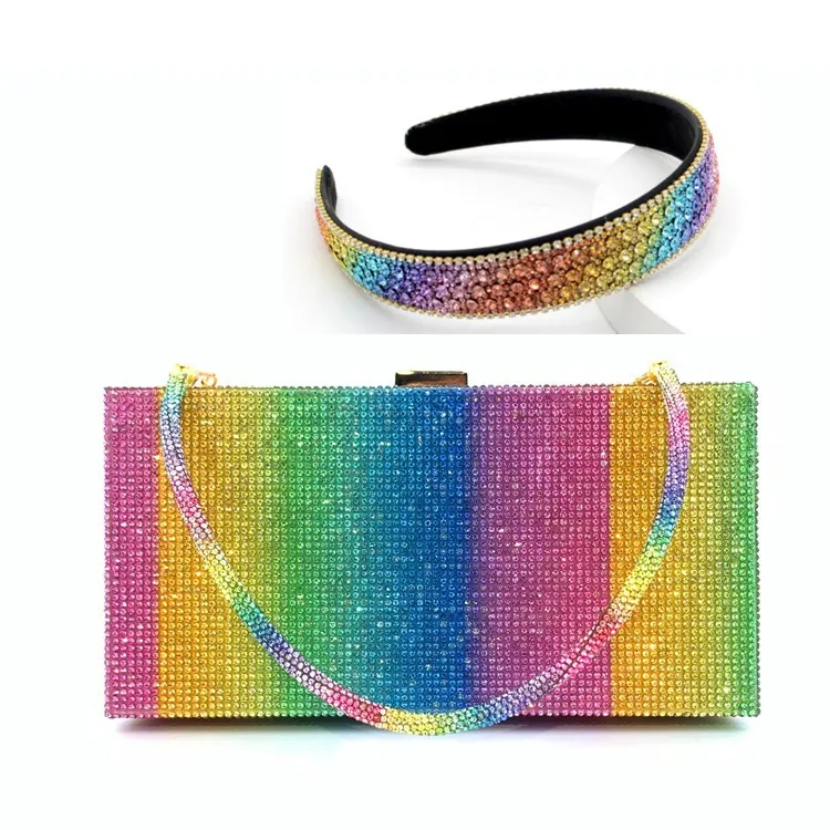 

Luxury Diamonds Rhinestone Sets Purses With Matching Headbands For Women Poker Face Gradient Colors Handbags Female Summer