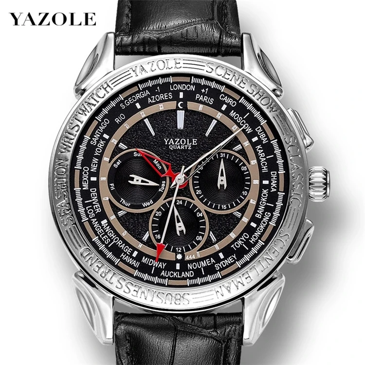 

YAZOLE 444 Men Quartz Watch World Time Luxury Man Business Watches Rome Scale Male Watch For Men Leather Strap Relogio