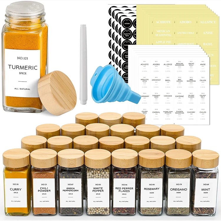 Bamboo Glass Spice Jars with Labels and Shaker Lids Clear Empty 4oz 24 Pack Bottles Set Glass Spice Containers Seasoning Jars
