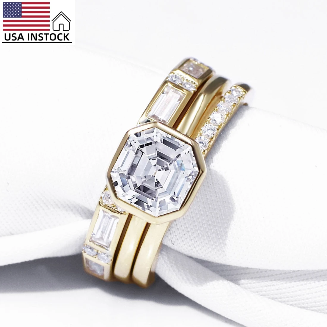 

USA Stock Freeshipping 925 Sliver 18k Gold Plated 2CT Asscher Cut Moissanite Wedding Women Rings Set