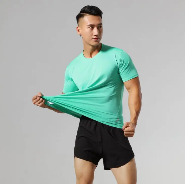 

Green orange mesh fabric elastic compressed tight custom fit men's t shirt
