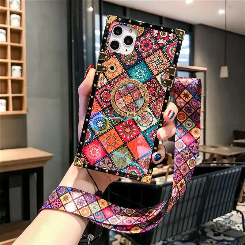 

Luxury square design retro flower glitter phone case for iphone x xs xr 11 with ring holder, new for iphone 12 fashion case, Mulit colors