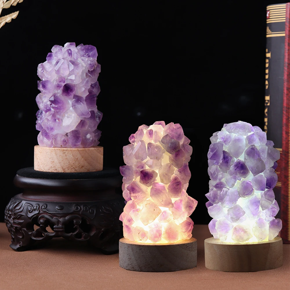 

Crystal Wishing Lamp Natural Amethyst Tooth Flower Dim Light USB Interface With Switch Crystal Decoration