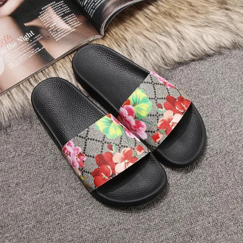 

Wholesale High Quality Flower Print Slippers for Women Luxury Brand Rubber Flat Sandals for Summer Slides Slippers
