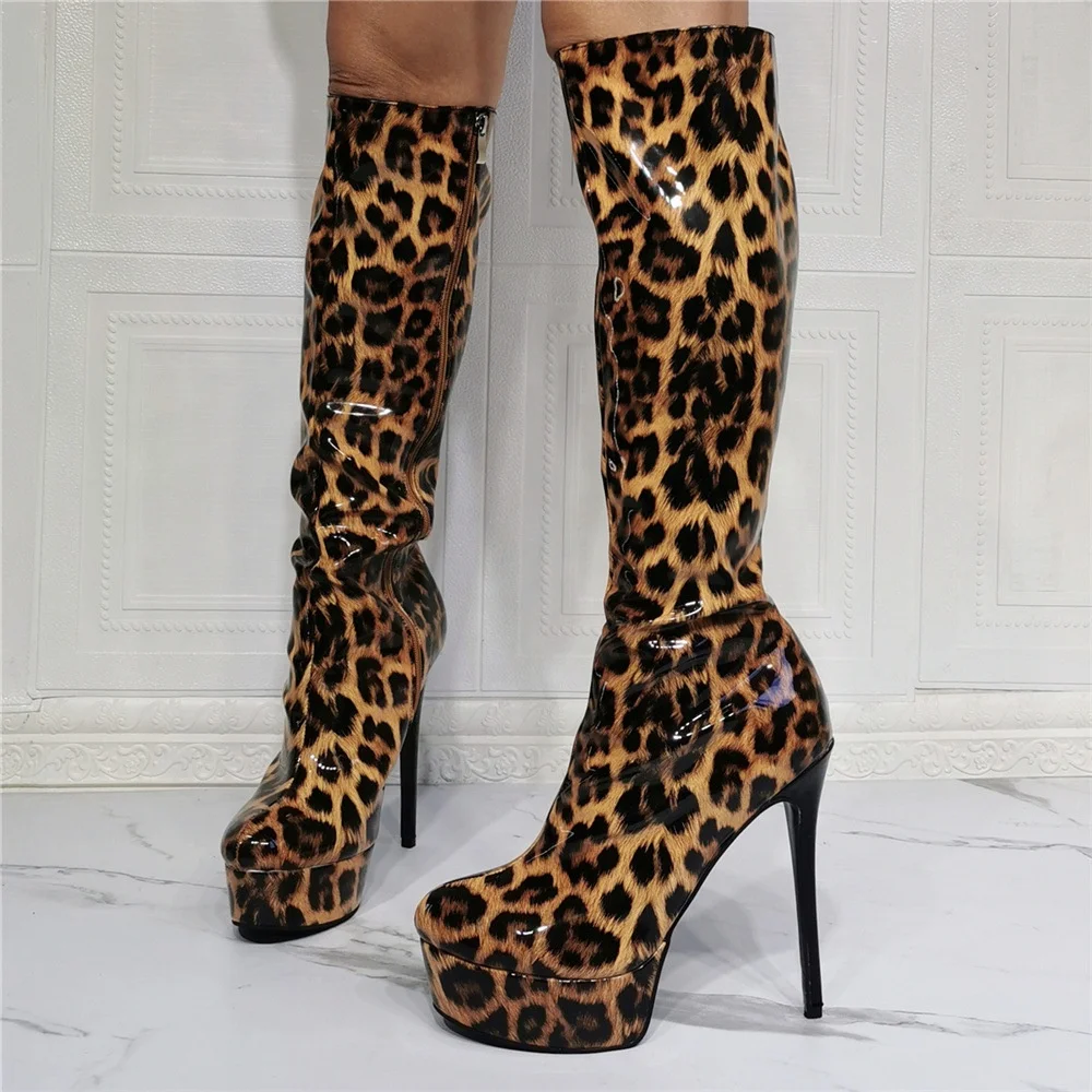 

Leopard Prints Platform Women's Knee High Boots Back Zipper Stiletto Ladies Long Booty Night Party Heels Shoes, Black leopard