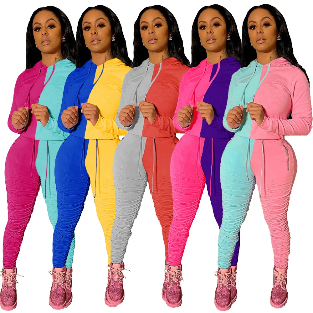 

Hooded Color Patchwork Sweatsuit Women Casual Jogger Tracksuit Shirts Ruched Stacked Sweatpants Female Sportswear Suits RS00498