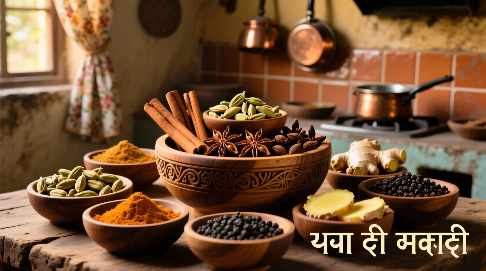 Traditionelle indische Chai-Gewürze in Holzschalen