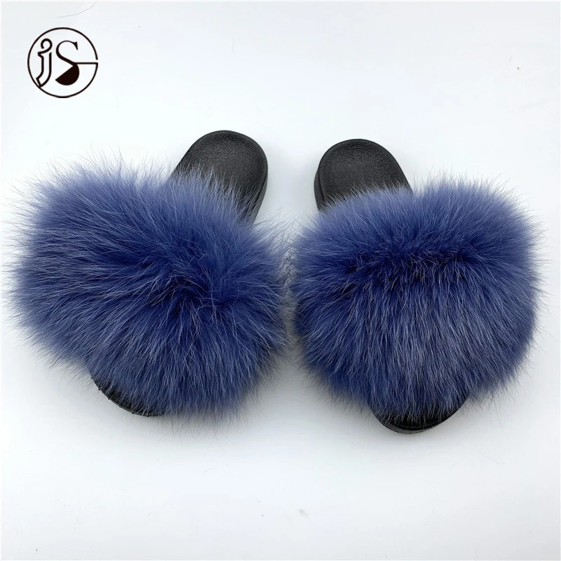 

Fox fur slides indoor lady fox fur slippers fluffy soft fox hair slippers colorful fashion slides, Picture