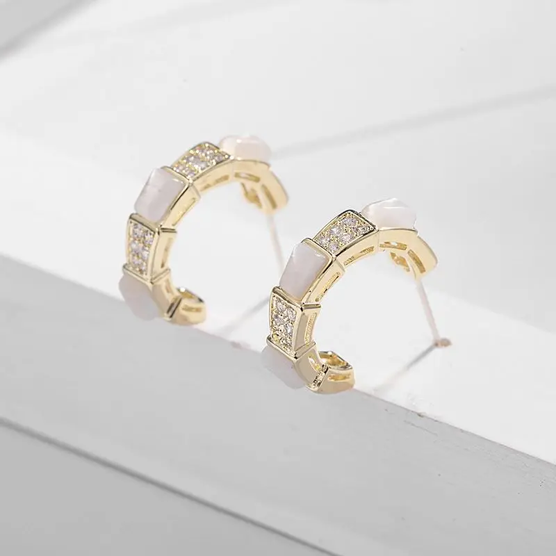 

IE3504 Korea Loveliness S925 Needle Clear Opal Cubic Zircon Hoop Earrings Geometric Cat's Eye Stone Cz Hoop Earrings