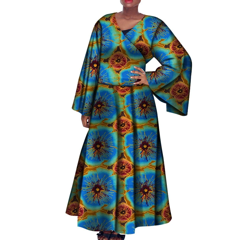 

WY5830 Long Sleeve Dresses for Women Party Wedding Casual Date Dashiki African Women Dresses V Neck African Dresses for Women