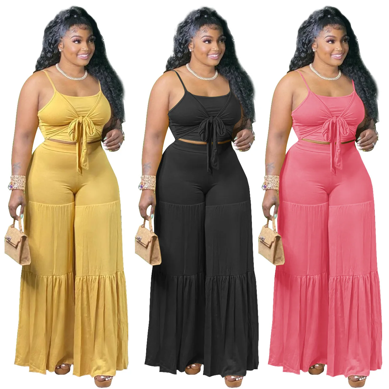 

2021 new Arrival Sexy strap pleated wide-leg pants two-piece set solid color women set, Picture color