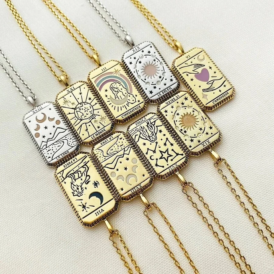 

2021 Tarot Pendant Necklace Brass Plated Real Gold Divination Collarbone Chain Necklace